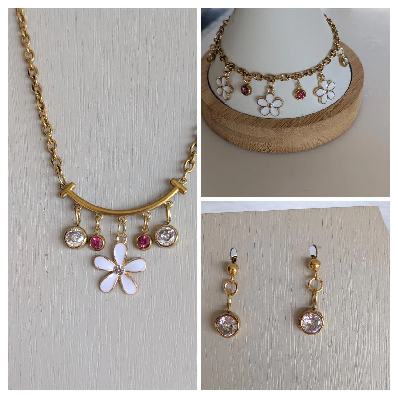 Parure collier ras de cou, boucles et bracelet fleurs strass PM07 mariage